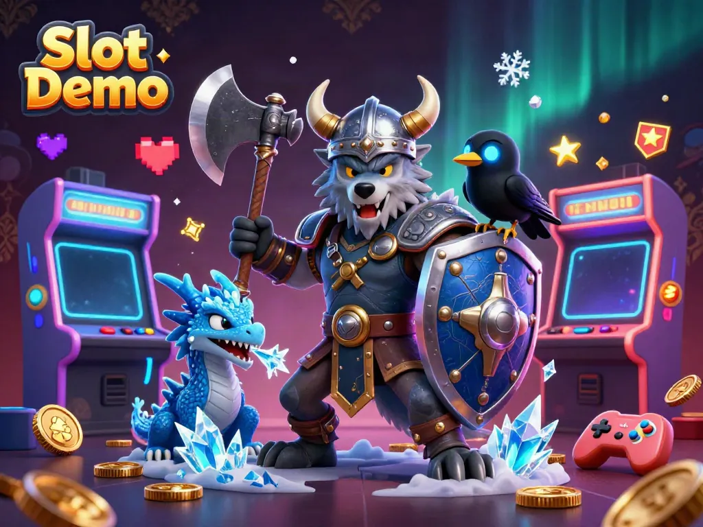 Engage in Slot Demo gameplay with a 3D Viking wolf warrior, dragon, and arcade elements.