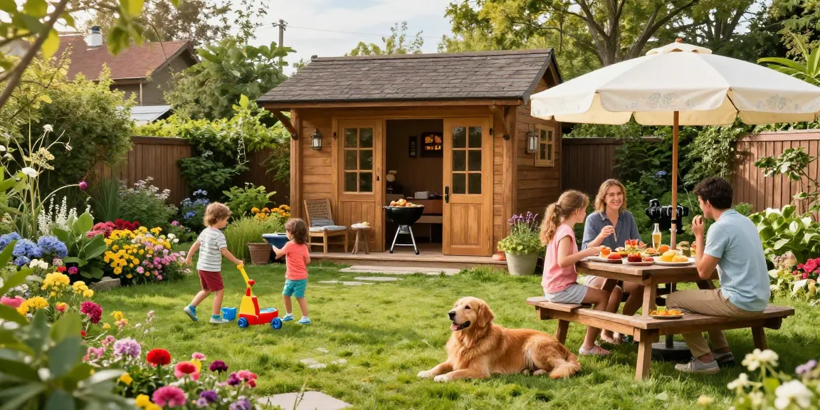 Gemütliches Gartenhaus im Garten mit Familie beim BBQ und schönen Blumenbeeten, perfekt für Gartenhäuser.