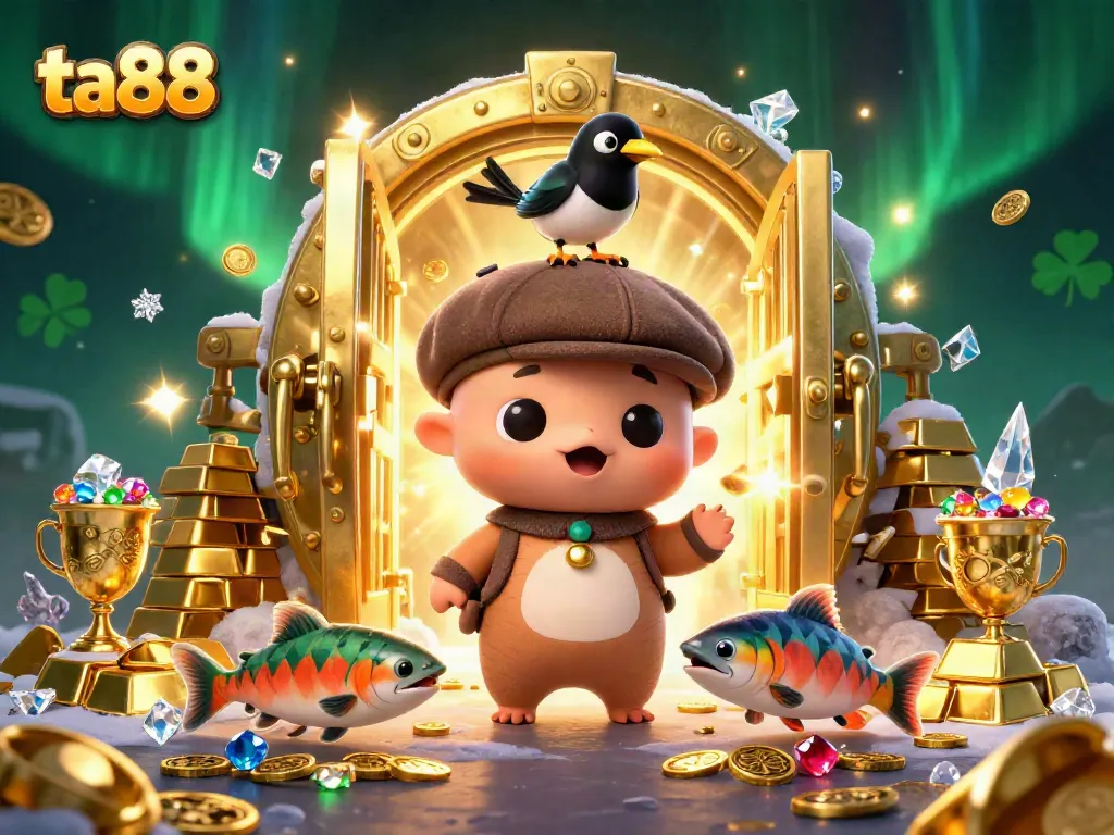 Witness the enchanting world of ta88 with Nessie and friends surrounded by gold and gems in a vibrant casino setting.