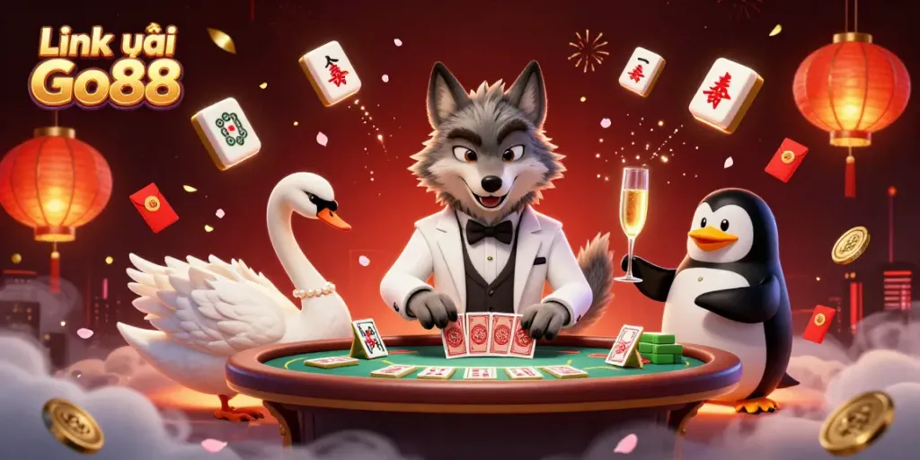 Play games at Link vào Go88 with a charming wolf and elegant characters in a lively casino scene.