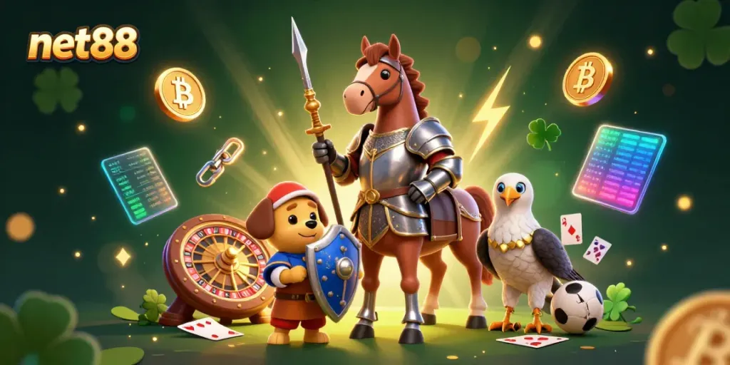 Engage in thrilling gaming adventures with net88 featuring a medieval knight, squire puppy, and casino elements.