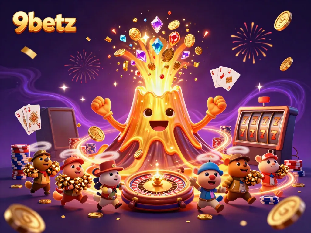 Experience the excitement of 9betz with a vibrant 3D eruption of treasures in an online casino.