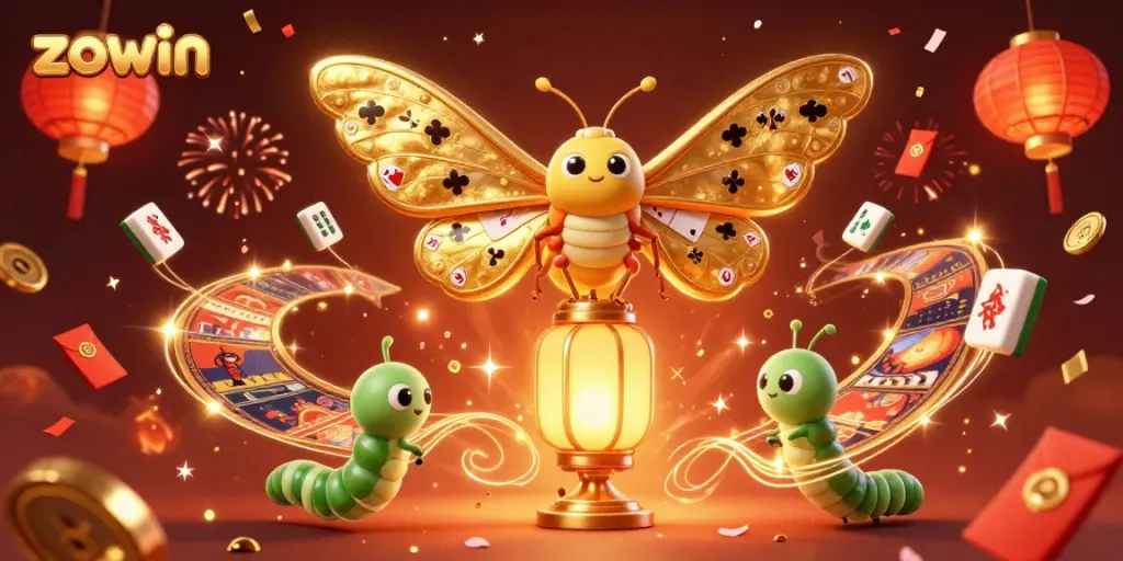 Zowin engages players with vibrant casino scenes featuring dynamic characters, golden lanterns, and festive fireworks.