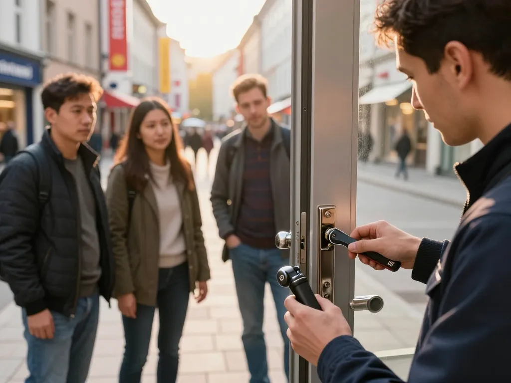 Schlüsseldienst Mannheim-Techniker, der mit professionellen Werkzeugen eine Tür öffnet und effizienten Service sowie Professionalität in einem lebhaften städtischen Umfeld zeigt.