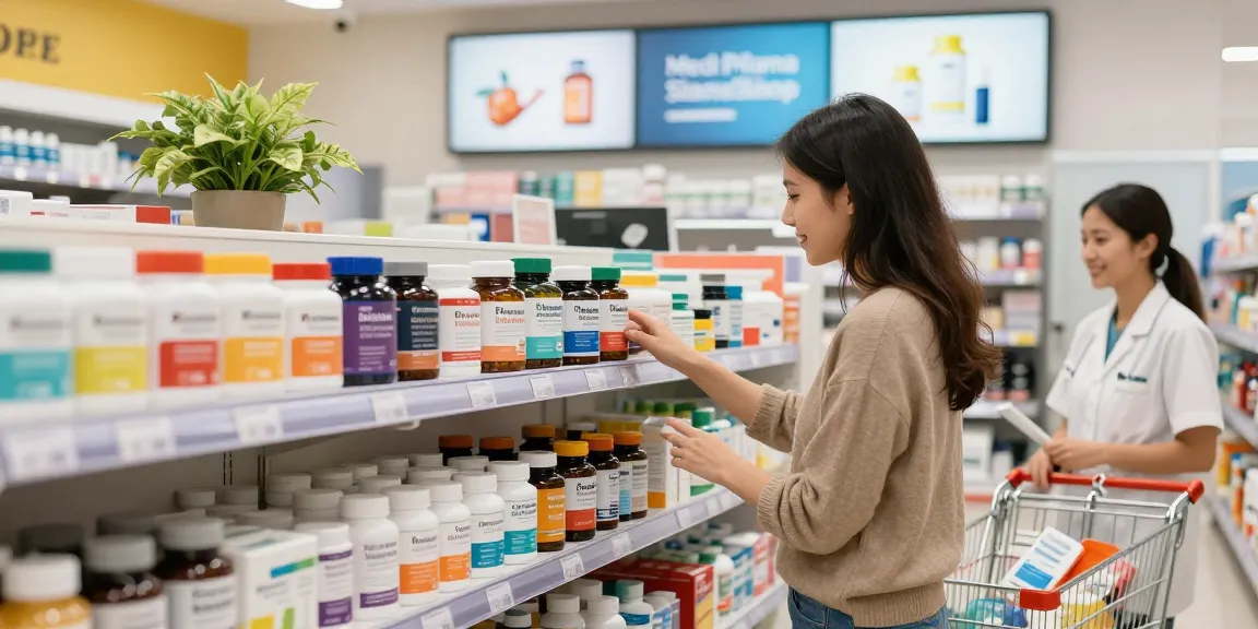 Kunde erkundet die lebendige Auswahl an Gesundheitsprodukten und Steroiden im Medi Pharma Shop in einem modernen Einzelhandelsraum.