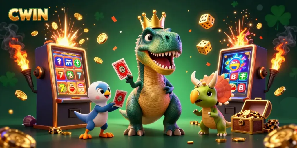 Experience thrilling gameplay at CWIN with a vibrant scene of a T-Rex celebrating casino wins while shuffling cards.