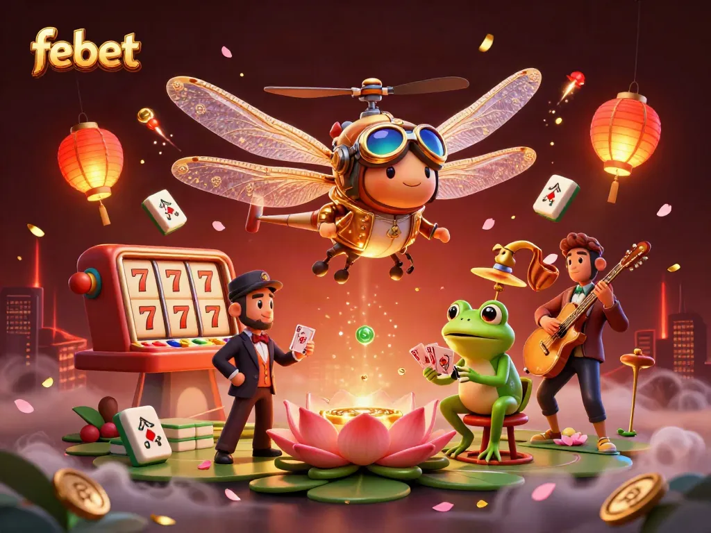 Engage players at febet with an exciting casino scene featuring dynamic characters and vibrant gaming elements.