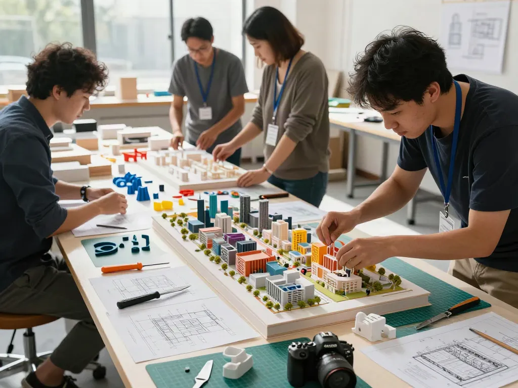 Modellbauer Aschaffenburg arbeiten in einer hellen Werkstatt an detailreichen Architekturmodellen.
