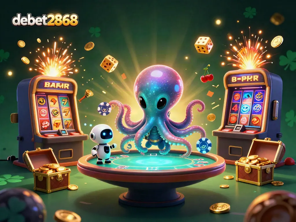 Engage in thrilling gameplay with debet2868 as an alien octopus runs a lively poker scene amidst dazzling slot machine and treasure elements.
