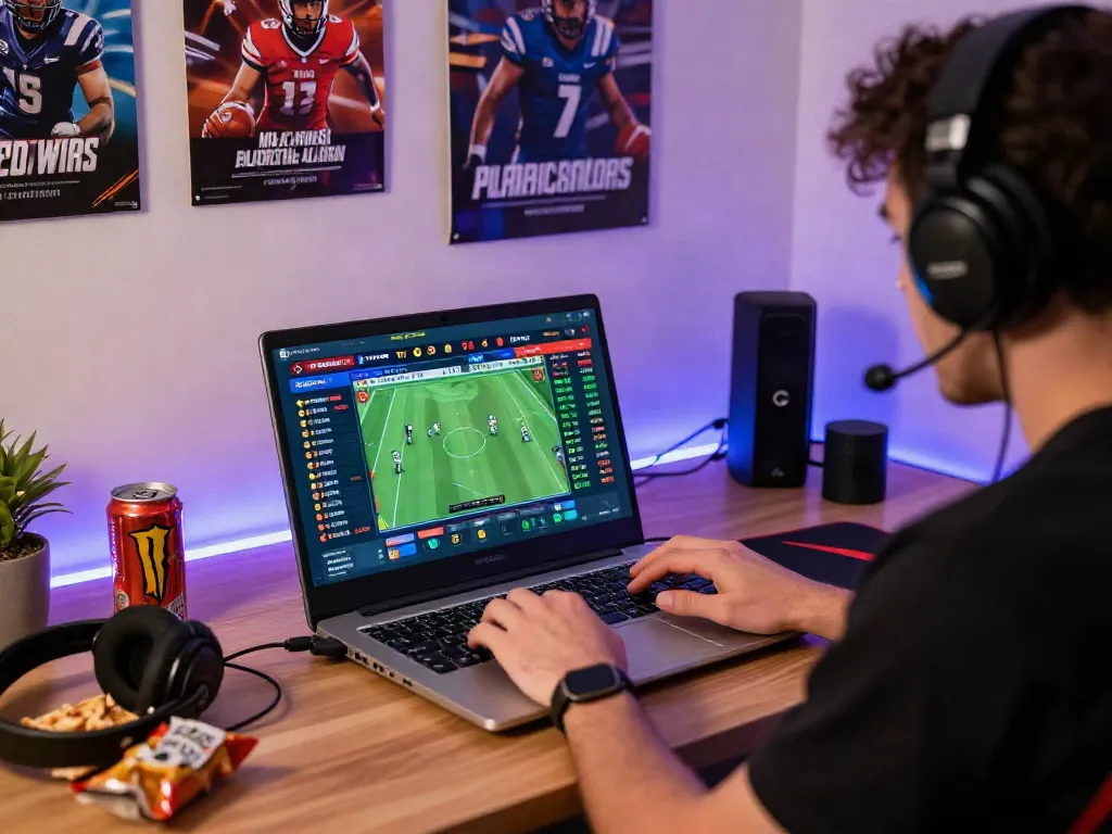 Engaged user betting on sports at https://sky88tg.com/ with vibrant interface and cozy home office setting.