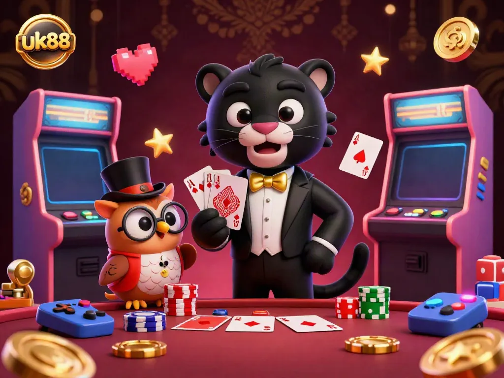 uk88’s vibrant 3D casino scene with characters celebrating gaming wins and colorful game elements.