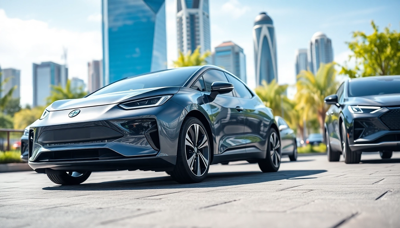 Elektroautos in einer modernen Stadtlandschaft mit futuristischem Design und nachhaltiger Bewegung.