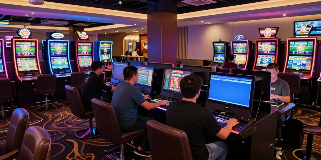 Exciting gaming atmosphere at Man88 online casino with diverse players engaged in sports betting and slot machines.