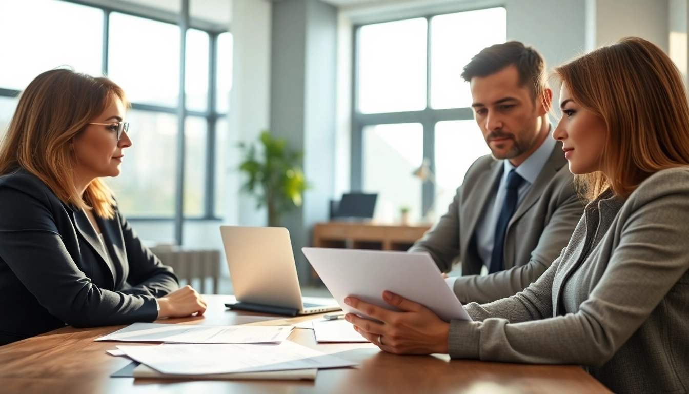 Hausverkauf bei Scheidung: Professional couple discussing real estate options in a bright office.