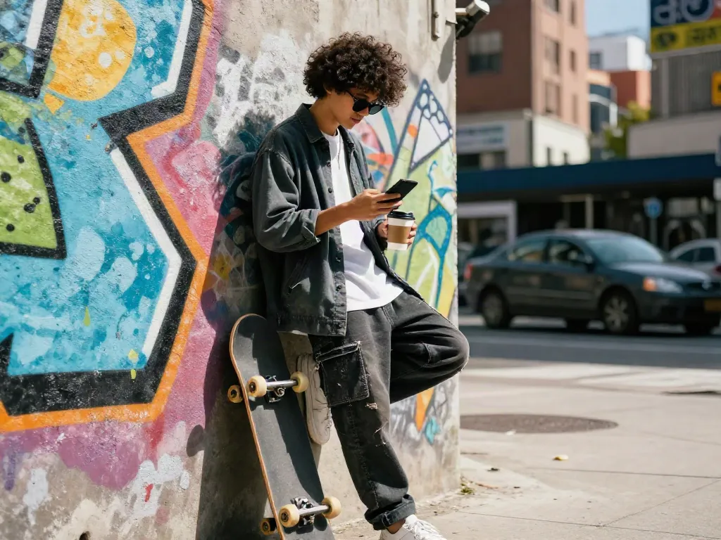 Fashionable individual representing rokok88 culture against a graffiti wall in a vibrant city.