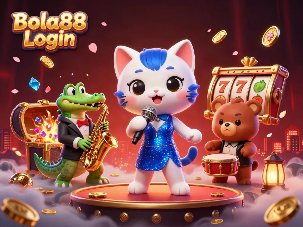 Bola88 Login illustration featuring vibrant casino elements in a lively scene with animated characters.