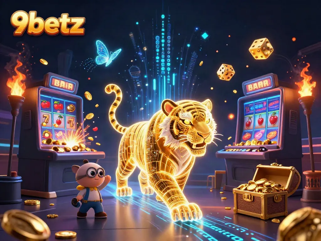 Experience thrilling gameplay at 9betz in a vibrant digital casino, featuring neon-wireframe tiger.