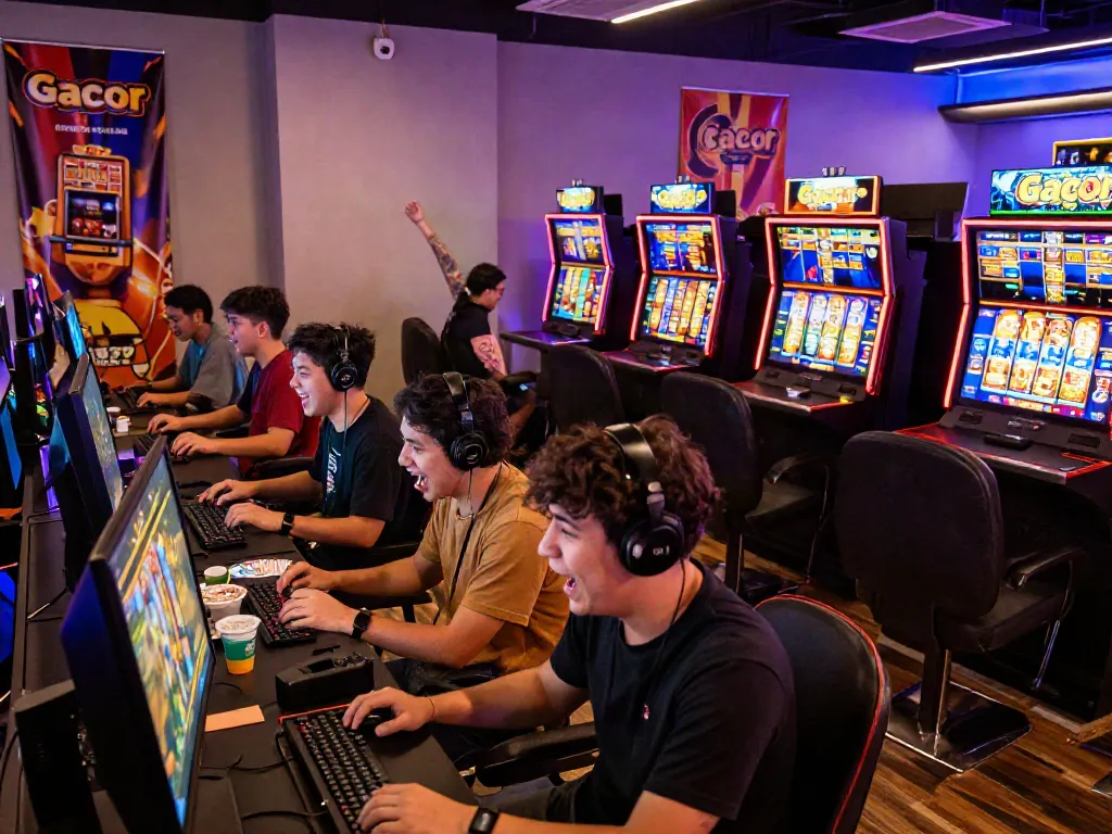 Exciting slot88 gaming session with diverse players enjoying vibrant slot games in a modern lounge.