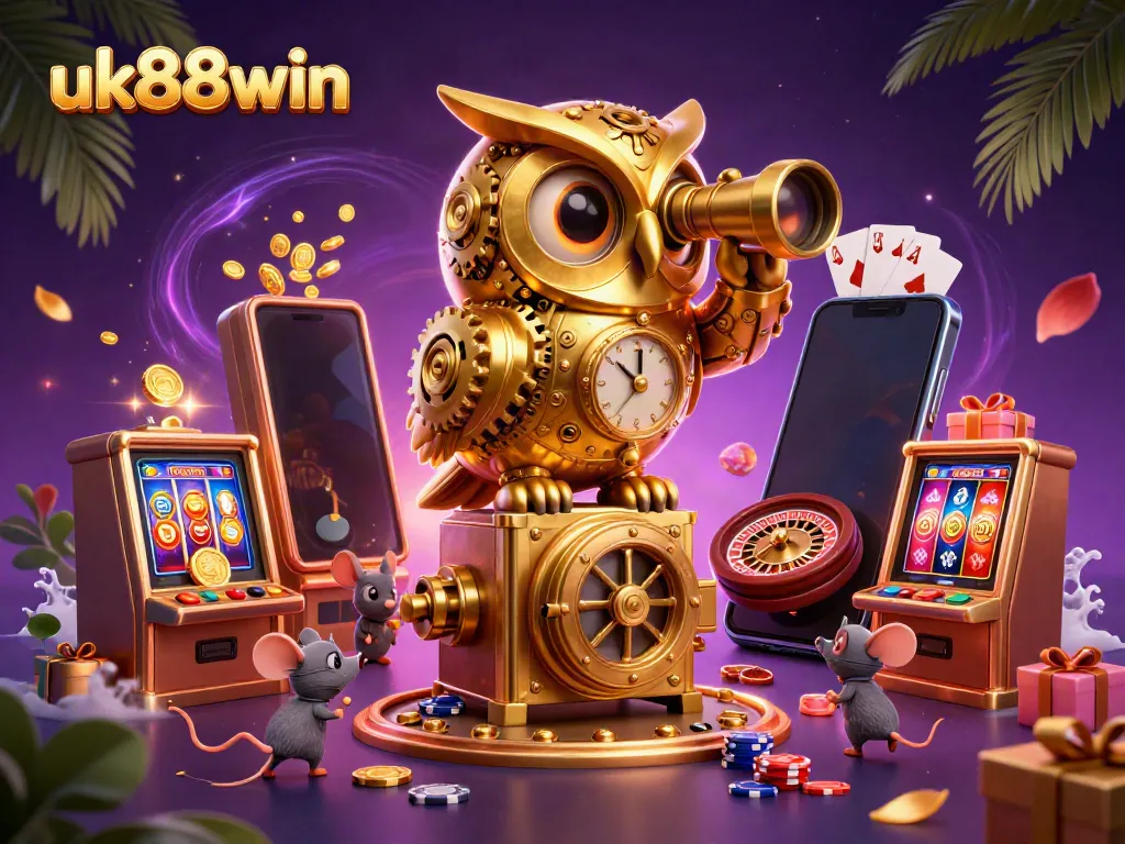 Engage in thrilling casino gaming with uk88win, highlighted by a dynamic scene featuring a whimsical golden owl and lively mouse patrons.