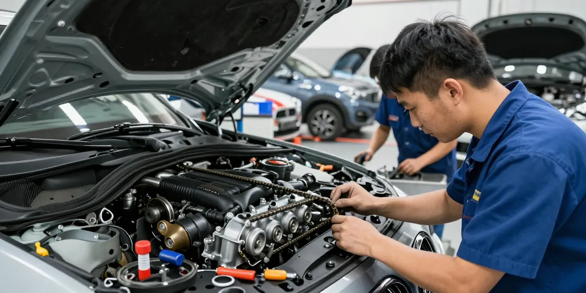 Engagierte Techniker in einer BMW Werkstatt führen Motorwartung und Reparaturen durch.