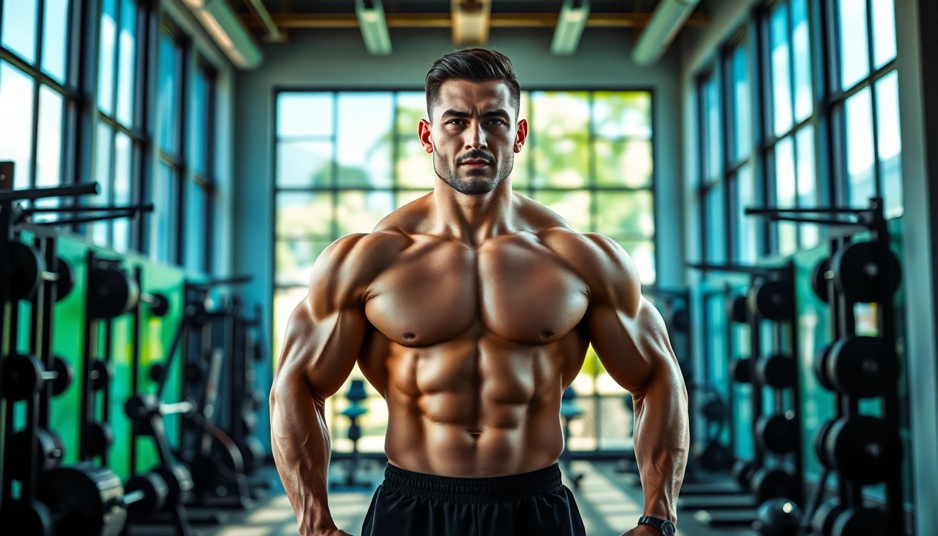 Proviron kaufen: Athlet im Fitnessstudio mit Gewichten und Trainingsgeräten.
