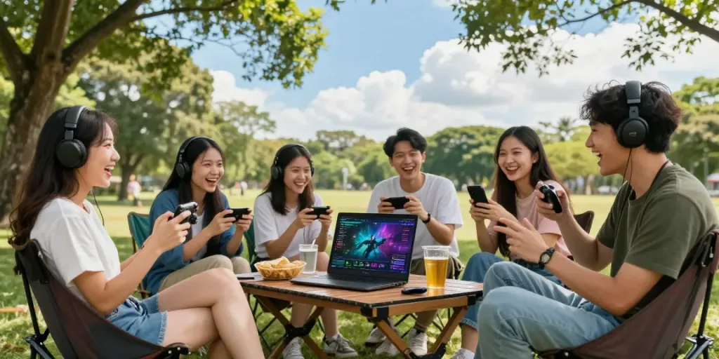 Young adults enjoying a lively outdoor gaming session focused on rokok88 alternatif, surrounded by nature.