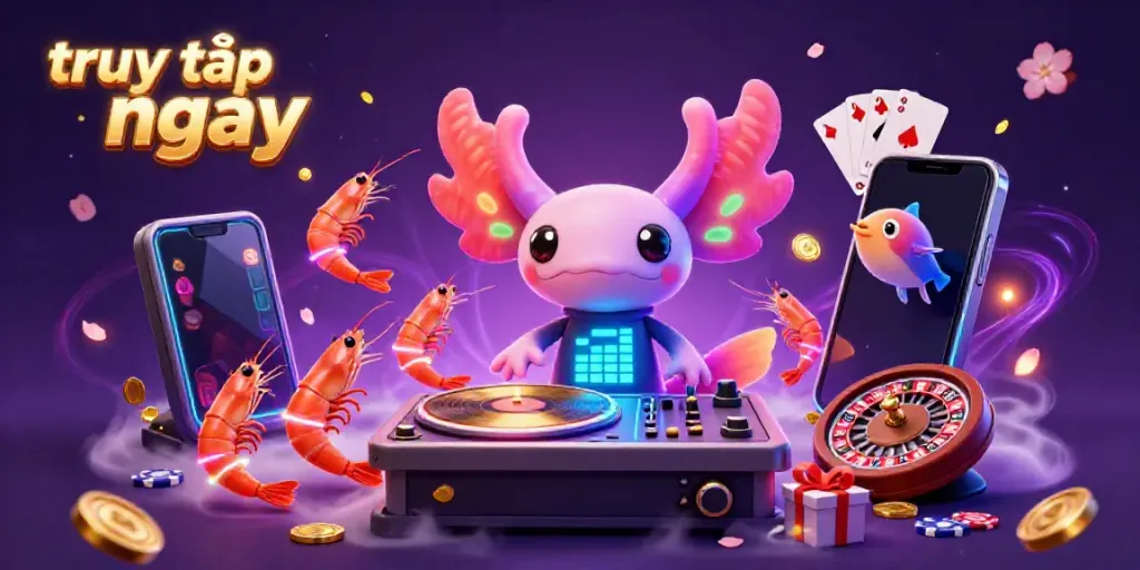 Experience vibrant gameplay with the exciting "truy cập ngay" neon-themed casino illustration featuring dynamic characters and slot games.