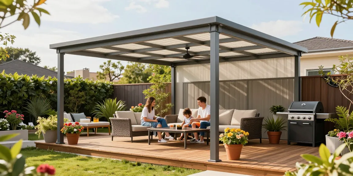Moderne Terrassenüberdachung freistehend im Garten mit Familie beim Entspannen.