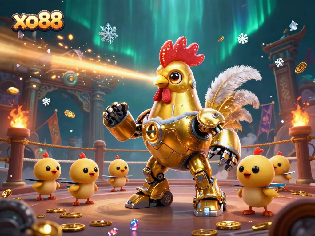 Experience thrilling online gaming with XO88's dynamic 3D scene showcasing a futuristic golden rooster robot amidst golden coins and epic action.