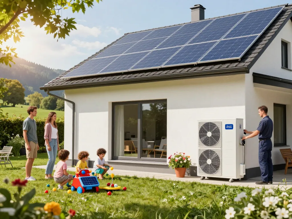Vorteile der Photovoltaik Bayern mit einer Familie, die Solarenergiesysteme in ihrem Garten nutzt.