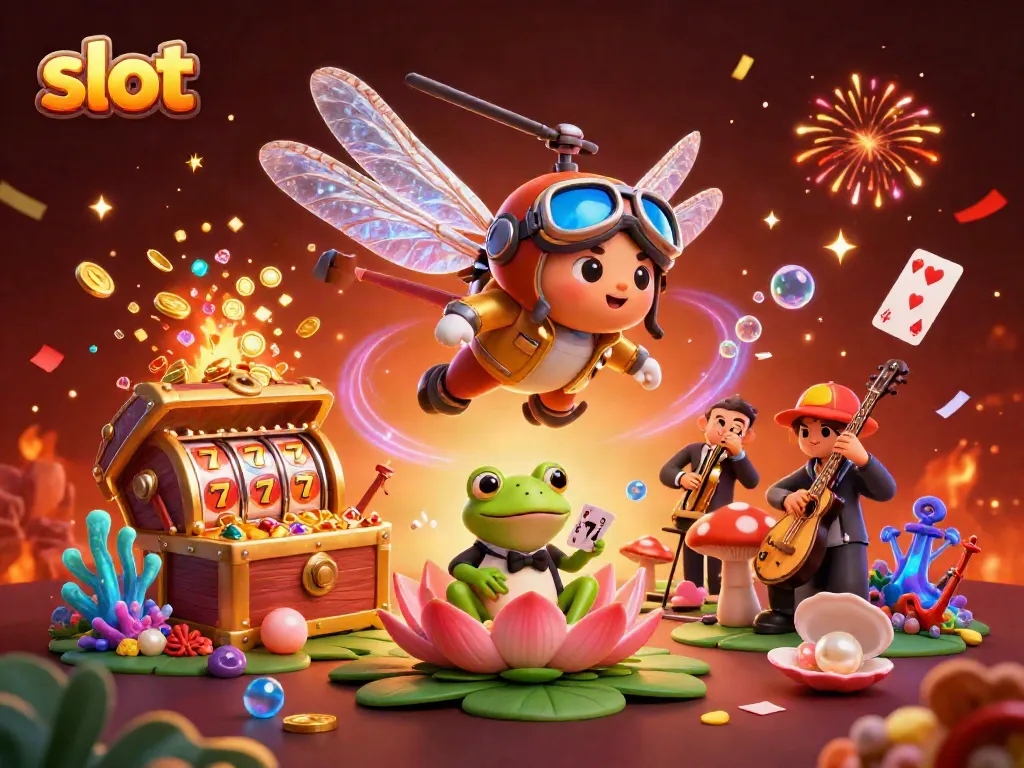 Experience thrilling slot action with a dragonfly pilot and frog croupier in a vibrant casino scene.