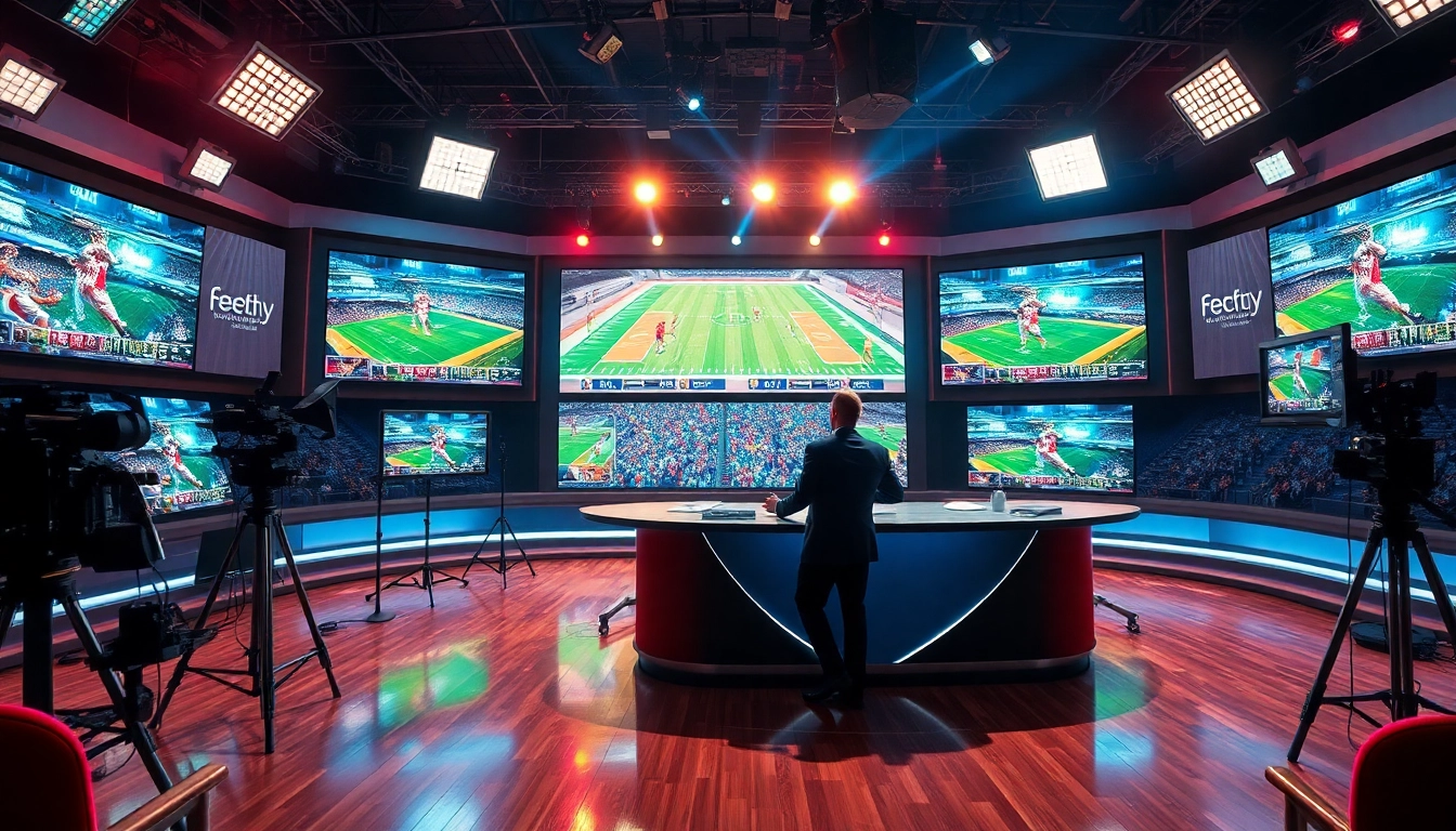 Engaging anchor in sports broadcasting studio, with dynamic screens displaying live action.