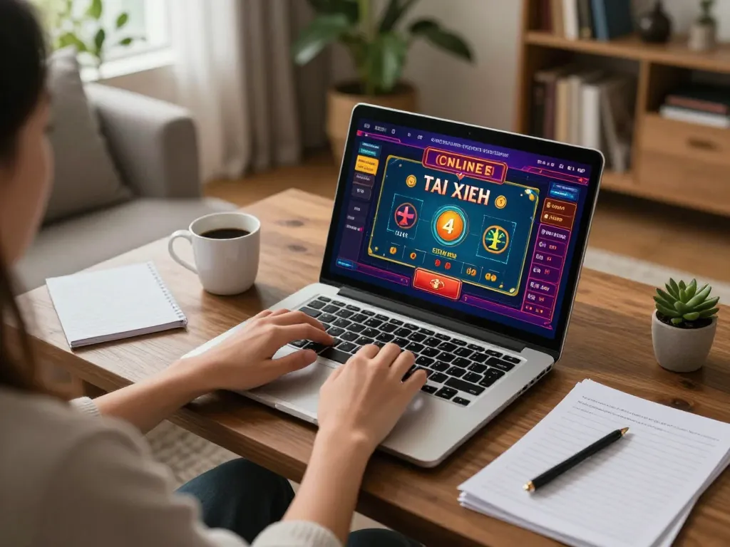 Engaged player strategizing tai xiu game on laptop during cozy home gaming session
