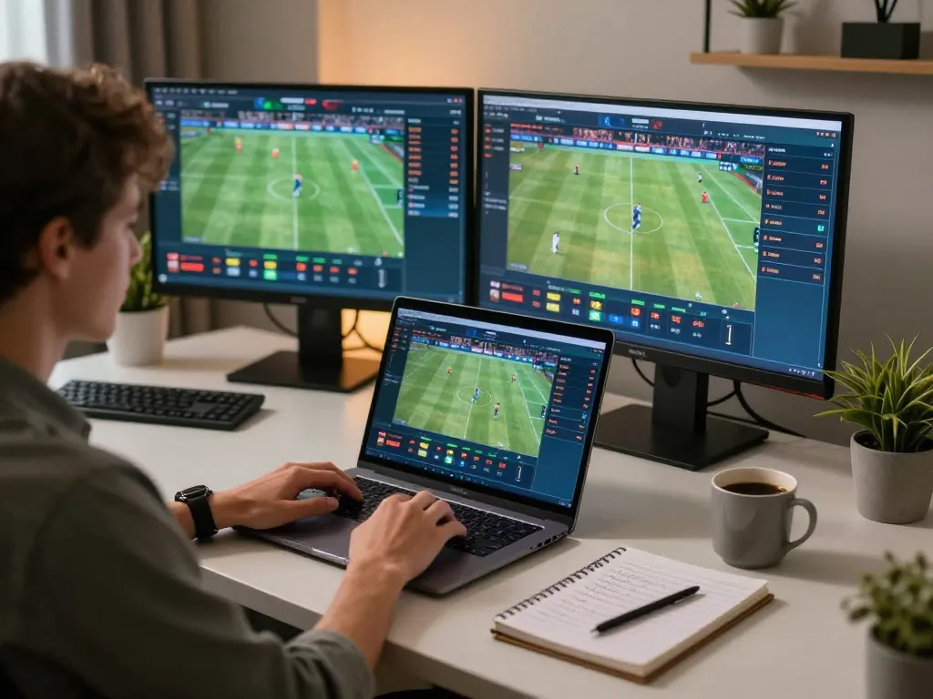 F168 online sports betting setup with active live events displayed on laptop screens, highlighting strategic engagement.
