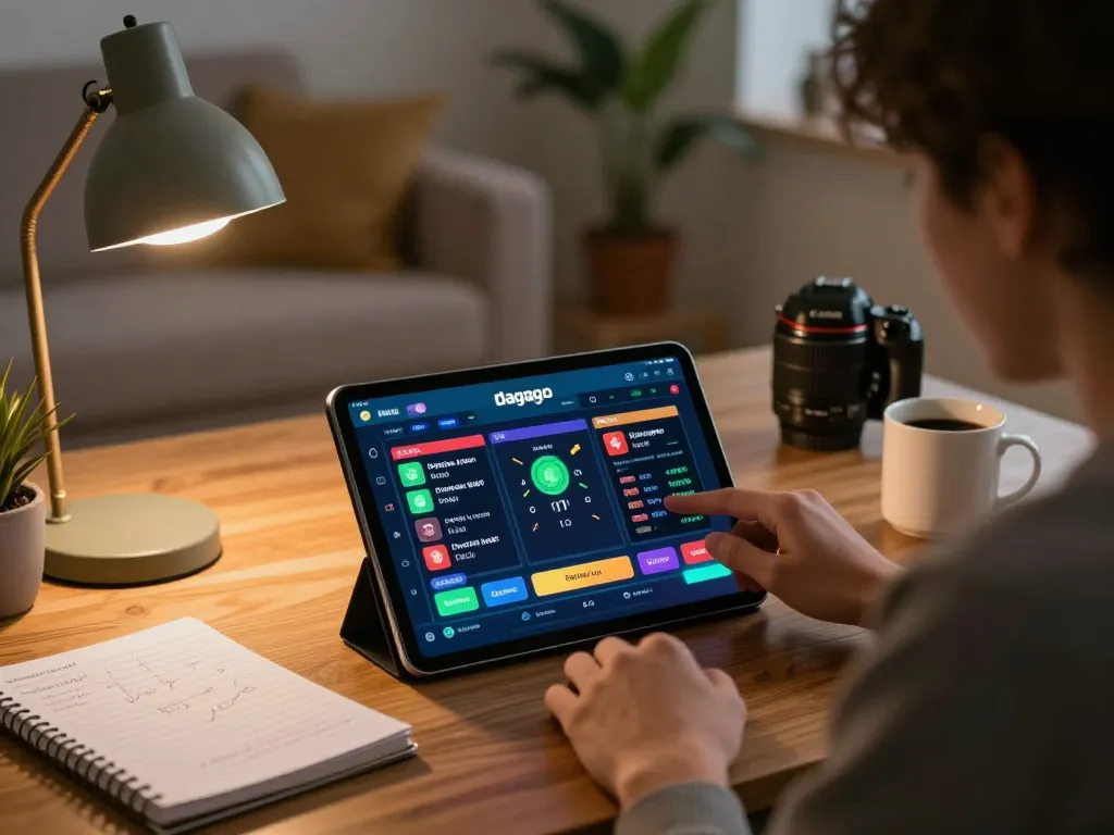 Person engaging with the dagago betting app on a tablet during a focused online gambling session at home