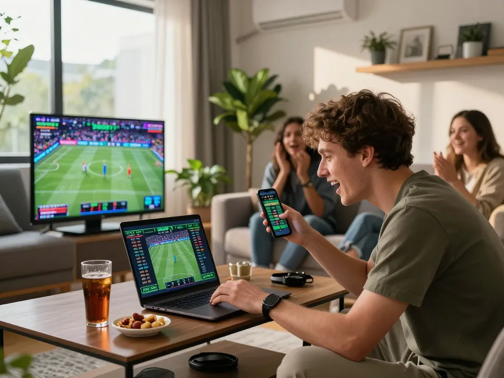 SBOBET online sports betting scene in a lively living room with friends watching games.