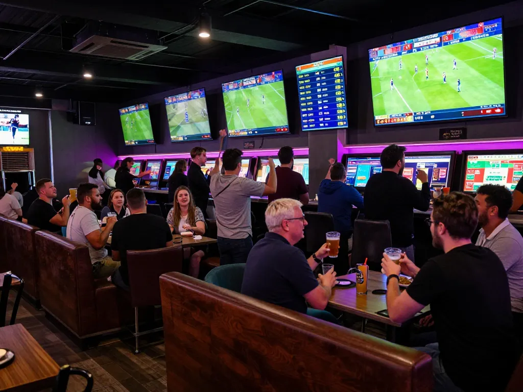 View of a bustling sports betting setting with patrons engaging in betting on tỷ lệ bóng đá kèo nhà cái, showcasing excitement in an immersive atmosphere.