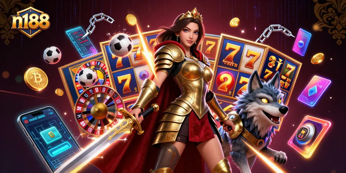 Experience thrilling gaming immersion with n188's vibrant casino illustration showcasing action-packed elements.