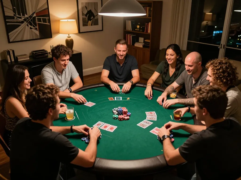 Friends enjoying an engaging game on trang chủ lc88 during a cozy poker night