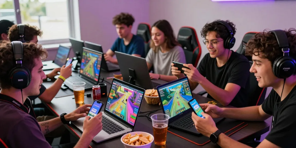 Group of friends enjoying games from https://b52club.radio.fm/ in a dynamic online gaming setting.