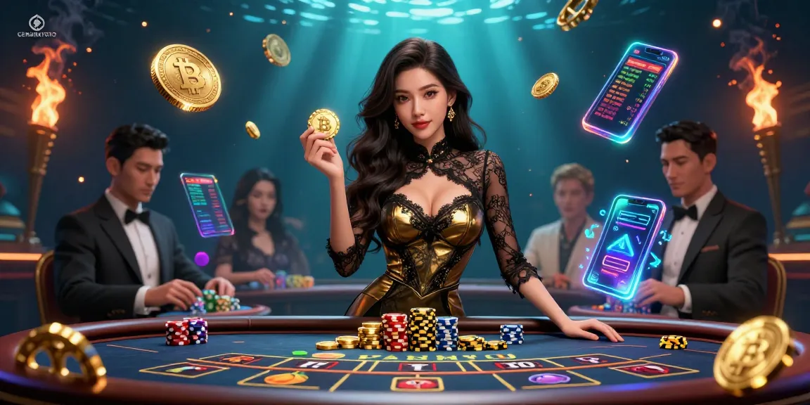 CEMARATOTO high-stakes scene showcasing a confident Asian woman at a luxury baccarat table, surrounded by exciting game elements.