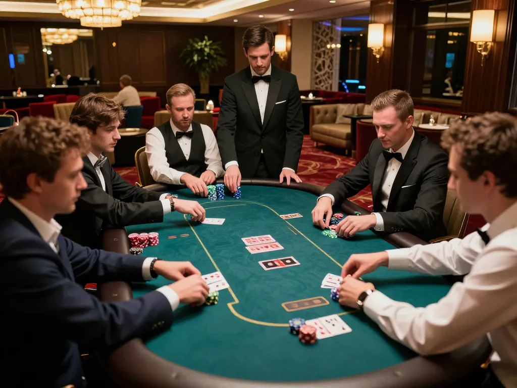 Players engaged in a high-stakes poker game at DN88, strategic actions amidst a luxurious casino atmosphere.