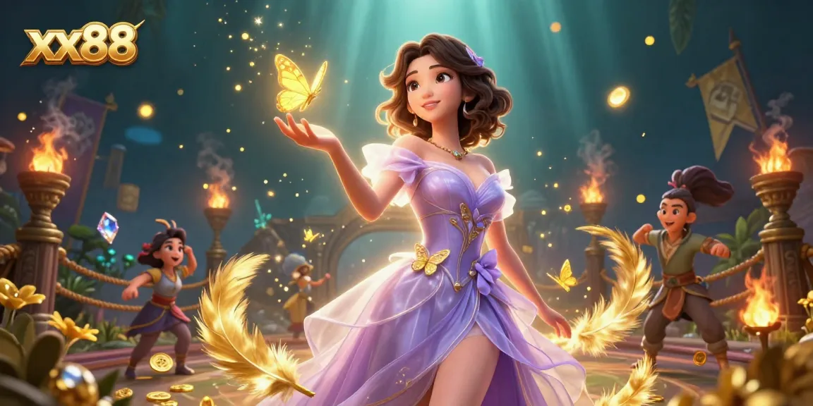 Experience thrilling betting at xx88 with an Asian woman engaging with golden butterflies and casino tokens.