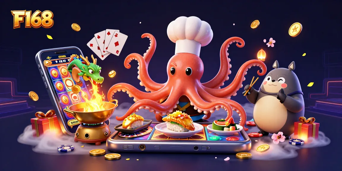 Experience the excitement of F168 with a dynamic casino-themed illustration featuring colorful gaming elements