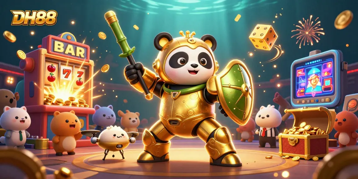 Join the excitement at DH88 casino with a golden panda facing massive slot machines bursting with winnings.