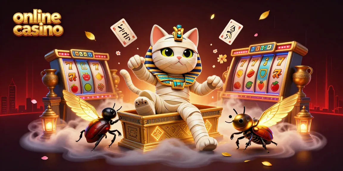 Play exciting online casino games in this vibrant scene featuring a cartoon mummy and slot machines.