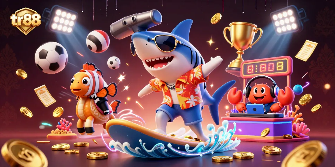 tr88 gaming scene with animated characters surfing on gold coins amidst sports elements and vibrant attractions