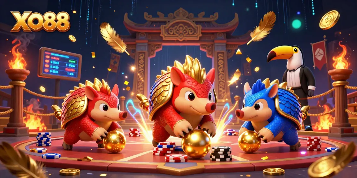 Experience thrilling gameplay at XO88 with vibrant pangolins amidst poker chips and coins.