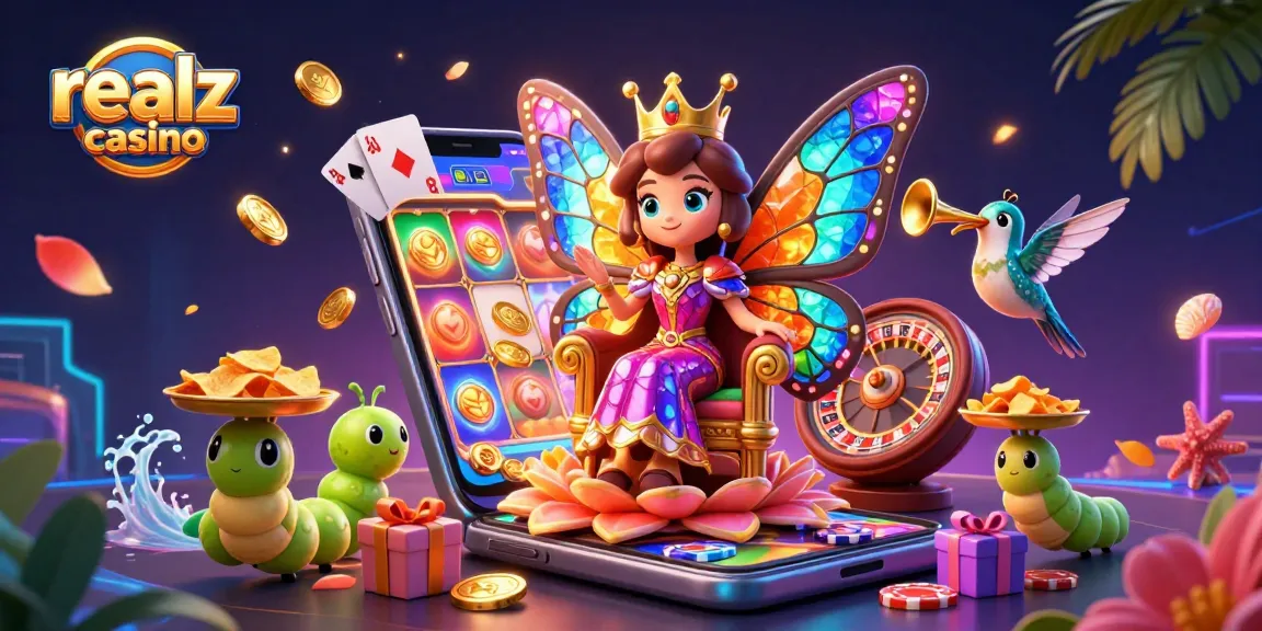 Experience the excitement of realz casino with vibrant elements like slot games and playful characters.