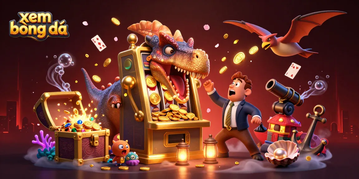 Xem bóng đá as a thrilling adventure with a dinosaur winning jackpots, set in a lively casino scene.